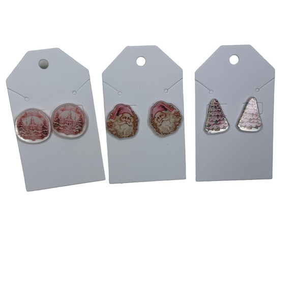 Pink Set of 3 Christmas Holiday Stud Acrylic Handmade Santa Tree Earrings NEW - Picture 3 of 7